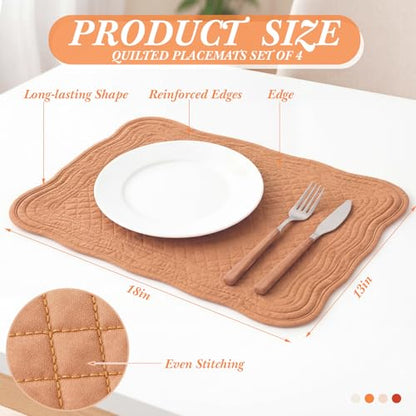 4 Pcs Quilted Placemats, Cotton Scalloped Fan Edge Boho Table Mat