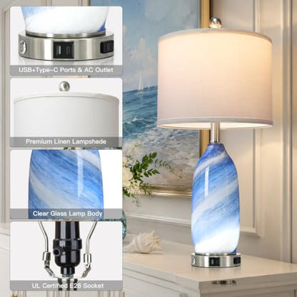 Rinweey 26" Grey-Blue Glass Table Lamps Set of 2,Coastal Lamps Nautical lamp with USB A+C Ports & AC Outlet,Bedside Lamps with 3-Way Dimmable-Night Light for Bedroom Living Room,Grey-Blue - color: Grey-Blue