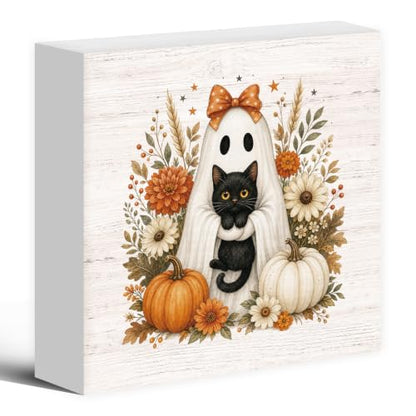 Halloween Fall Ghost Black Cat Pumpkin Wood Box Sign Desk Decor 5X5 - color: Ghost