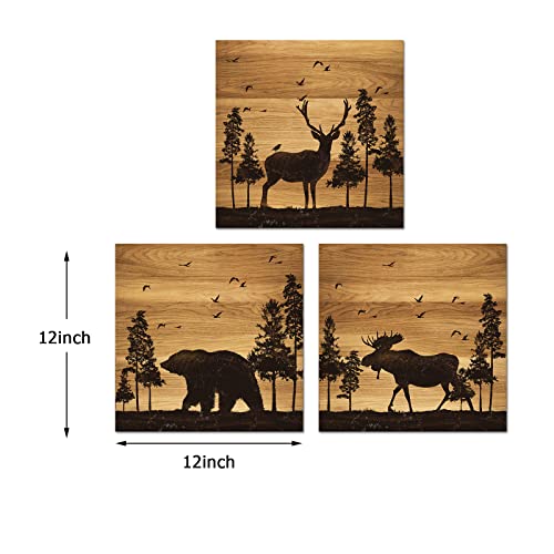 Apicoture Bear Elk Moose Wall Pictures Forest Landscape Hunting Theme Woodland Animal Painting Framed Canvas Artwork Farmhouse Wall Decor 12"x12"x3 Panels