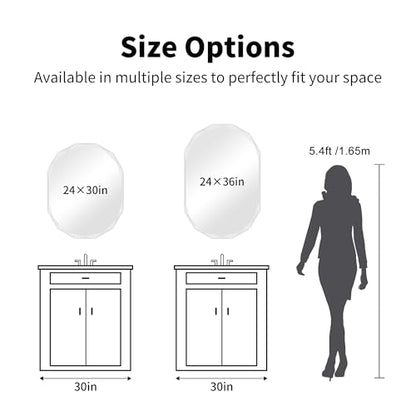 GLASHOM Frameless Oval Bathroom Mirror, 24x36 inch Beveled Wall Mirror - size: 24"L x 36"W