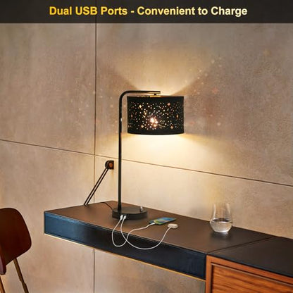Bedside Table Lamp with USB C+A Ports, 25" Tall Fully Dimmable Side Lamp - color: Black Base with Stars Shade