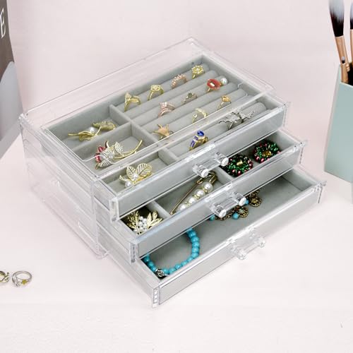 Weiai Acrylic Jewelry Box Organizer 3 Drawer Earring Storage Case Tray for Women - color: Gray