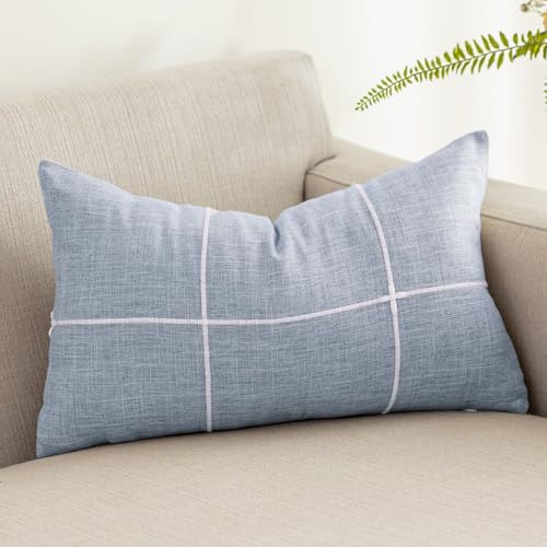 vctops Rustic Lattice Cotton Linen Decorative Throw Pillow Cover Embroidery Lumbar Cushion Cover Pillowcase for Sofa Bedroom Couch (Plaid Blue, 12"x20") - color: Plaid Blue, size: 12" x 20" (Pack of 1)