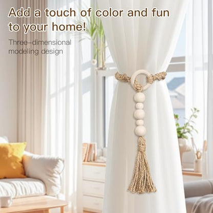 Macrame Curtain Tiebacks with Wooden Beads, Jute Rope Boho Holdbacks with Tassels, Natural Beige, 2-Pcs