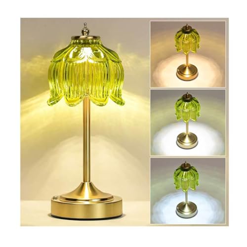 Green Glass Flower Lamp, Rechargeable Cordless Table Lamp - color: Green