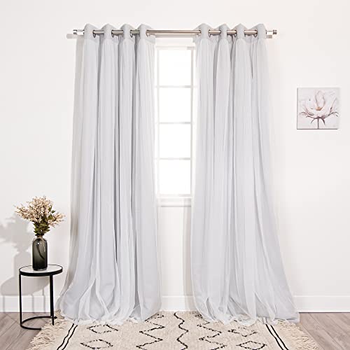 Best Home Fashion Set of 2 Lace Tulle Overlay Thermal Insulated Solid Blackout, Stainless Steel Nickel Grommet Window Panels for Bedroom, Living Room, Dining Room - 52" W x 63" L, Light Grey - color: Lt.grey, size: 52"W x 63"L (Pack of 2)