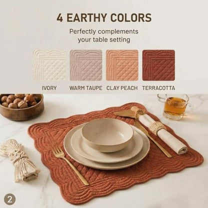 4 Pcs Quilted Placemats, Cotton Scalloped Fan Edge Boho Table Mat