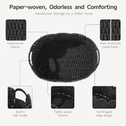 Endymion Set of 2 Paper Rope Scalloped Basket, Wicker Storage Baskets Black - color: Black