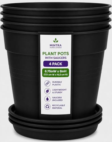 Mintra Garden Pots, 4 Pack Bulk Plastic Plant Pots with Drainage Tray, Round Indoor & Outdoor Decorative Planters with Drain Holes for Flowers, Herbs & Plants, 17cm Diameter – Black, 6.6 in - color: Black, size: 17cm Diameter (6.6in)