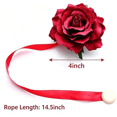 Magnetic Curtain Tiebacks, Rose Flower Tie Backs Rope - color: Burgundy-2pack