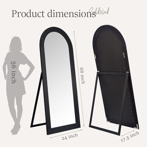Floor Length Mirror with Stand Wood Floor Mirror,Arched Solid Wood Frame for Wall Door Bedroom Bathroom Living Room,Hanging or Leaning Wall-Mounted,Black