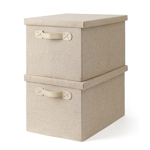 Fabric Storage Bins with Lids, Heavy Duty Collapsible Organizer Bins for Shelves, Stackable Closet Woven Baskets with Handles, 25L Rectangle Boxes for Bedroom Office, Cube Home Decor (Beige 2 Pack) - color: Beige 2 Pack