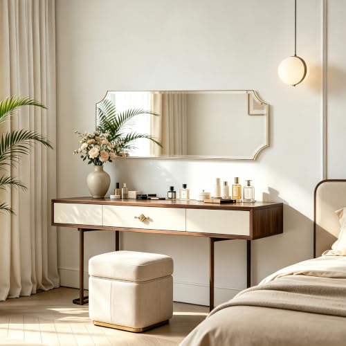 POZINO 48"x18" Premium Brushed Gold Rectangle Wall Mirror with Beveled Edge - color: Brushed Gold Scalloped, size: 48"L x 18"W
