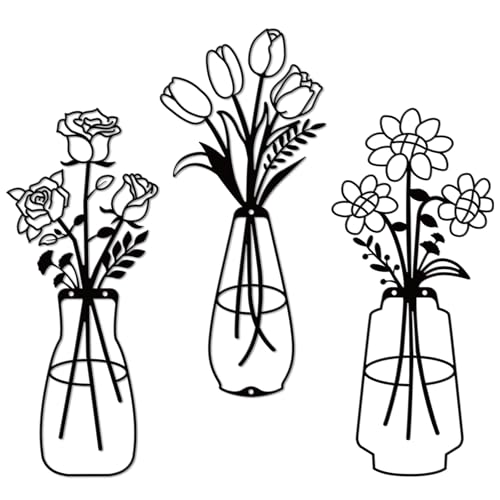 Jasscare Set of 3 Metal Flowers Wall Art, Matte Black Minimalist Line Art Floral Wall Decor, Modern Farmhouse Metal Wall Hanging for Living Room Bedroom Bathroom, Perfect Housewarming Gift for Home Decoration - color: Flowers