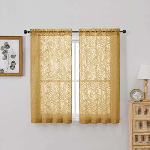 OVZME Gold Small Sheer Curtains 45 Inch Length 2 Panels Set, Light Filtering Soft Airy Cafe Curtains Dual Rod Pocket Design, Leaf Jacquard Farmhouse Window Drapes for Kitchen, 2x28Wx45L Inches - color: Gold, size: 28"W x 45"L (Pack of 2)