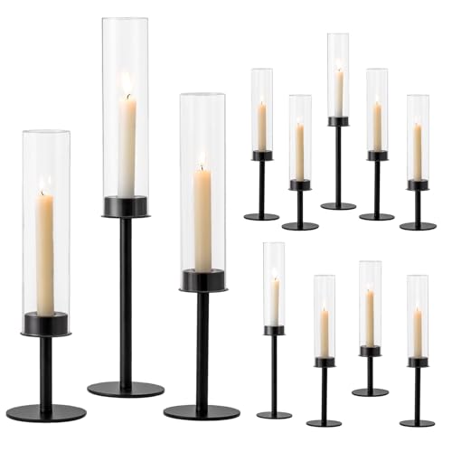 Hewory Black Candlestick Holders Hurricane Candle Holder, 12Pcs Candle Stick Candle Holder Candelabra, Taper Candle Holders with Glass Candle Cover for Wedding Table Centerpiece Christmas Decor - color: Black, size: 12pcs