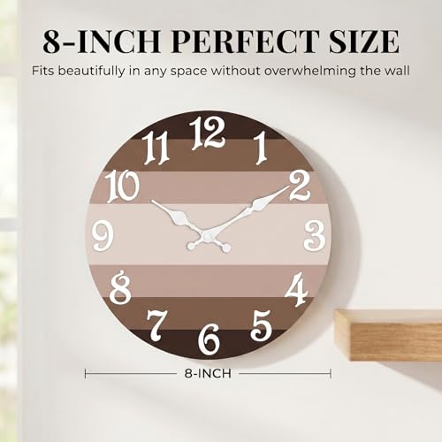 ArtSocket Round Wall Clock Silent Non-Ticking 8", Striped Brown - color: Rustic Farmhouse Coastal, size: 8in