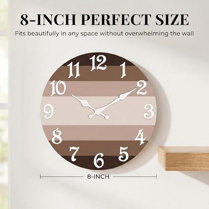ArtSocket Round Wall Clock Silent Non-Ticking 8", Striped Brown - color: Rustic Farmhouse Coastal, size: 8in