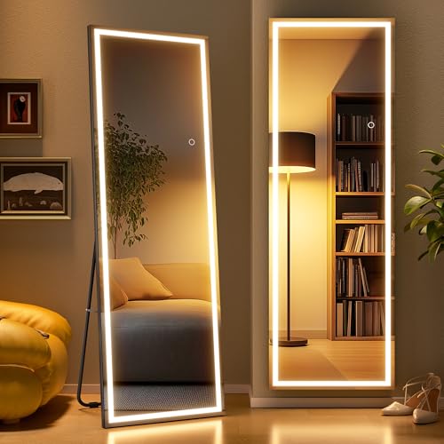 Full Length Mirror with Lights, 56" x 16" LED Lighted Floor Standing Body Mirror, Dimmable & 3 Color Lighting for Bedroom, Cloakroom, Dressing Room, Tempered Glass, Square Black - color: Black, size: 56"L x 16"W