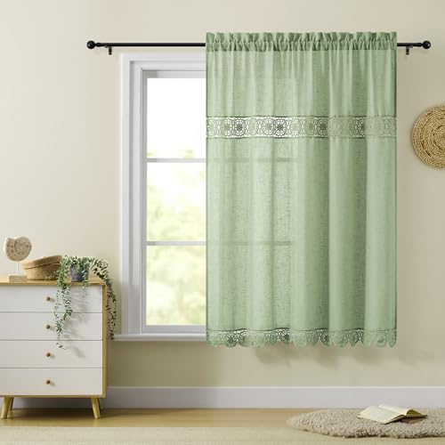 Gibelle Sage Green Boho Farmhouse Living Room Curtains 63 Inch Length, Modern Country Window Curtain for Bedroom, Linen Bohemian Rustic Draperies - color: Sage Green, size: 56"W x 63"L (Pack of 1)