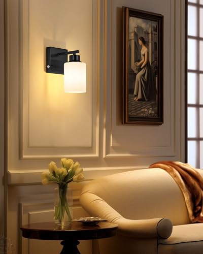 Wireless Battery Operated Wall Sconce Set of Two, Modern White Glass, Black | Dimmable, Easy Install Rechargeable Wall Lights with Timer Remote for Living Room Bedroom, Emergency 3000K - color: Black(White Lampshades)