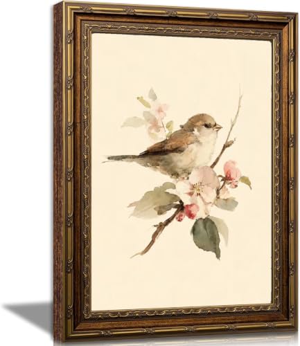 Gold Framed Bird Wall Art, Vintage Sparrow and Blossoms Canvas, 12x16in - color: neutral color, size: 16"L x 12"W