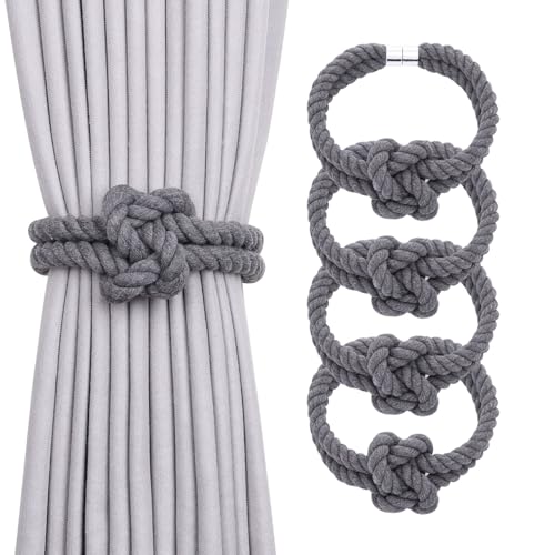 NICEEC Natural Cotton Rope Magnetic Curtain Tiebacks, 4 Pack, Dark Grey - color: Dark Grey, size: 4 Pack