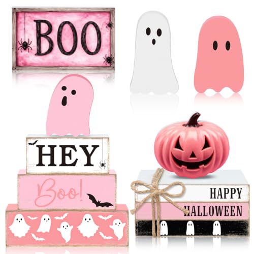 11 Pcs Halloween Table Decoration Pink Ghost Wooden Tiered Tray Decor Halloween Table Centerpiece Wooden Signs for Spooky Season Ghost Party Haunted Home Kitchen Shelf - style: Pink Ghost