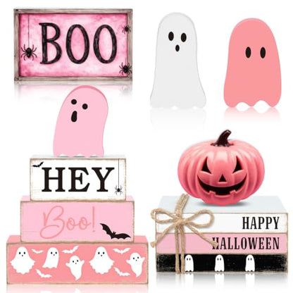 11 Pcs Halloween Table Decoration Pink Ghost Wooden Tiered Tray Decor Halloween Table Centerpiece Wooden Signs for Spooky Season Ghost Party Haunted Home Kitchen Shelf - style: Pink Ghost