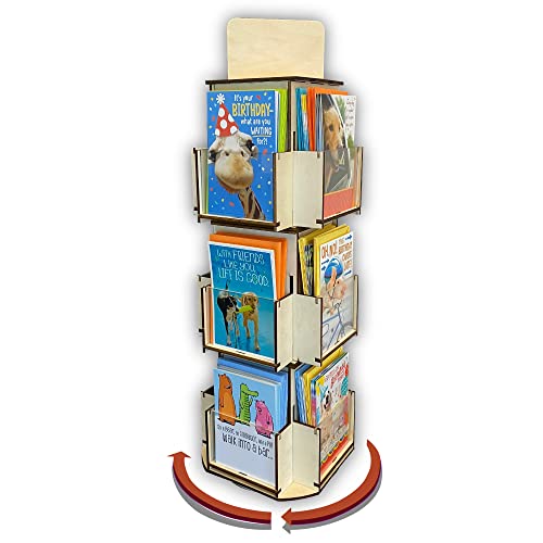 Rotating Greeting Card Display Stand, 3 Tier Wooden Organizer, 4-Sided Display Rack Spinning Multi-Pocket Display for Coasters, Stickers, Retail, Tradeshow - A4, A6, A7, 5"x7", 4 bar (Natural) - color: Natural
