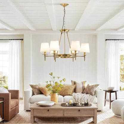Brass Chandelier 6 Lights with White Fabric Linen Shade 29.52" W Gold Candle Pendant Light Fixture Modern Wagon Wheel Chandeliers for Dining Room Living Room Bedroom