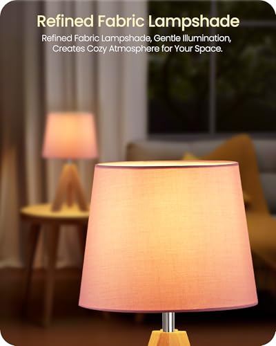 Pink Table Lamp, Small Tripod Table Lamp, Boho Bedside Lamp with Pink Linen Shade & Wood Base, Modern Nightstand Lamps, Little Cute Desk Lamp for Girls Room, Kids Room, Bedroom, P51TL05 - color: Pink+Natural Wood
