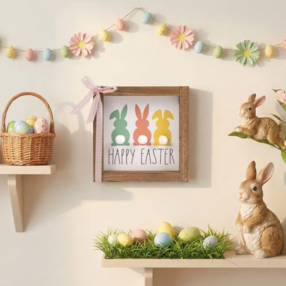 caiydramy Happy Easter Sign, Wooden Easter Bunny Decor with 3D Pom Pom Tail, Spring Wood Decorative Signage Indoor Table Wall Art Shelf Tiered Tray Office Desk Mantel Rustic Farmhouse Home Decorations