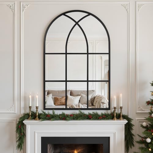 Arched Window pane Wall Mirror 24"x36", Window Shaped Farmhouse Style with Aluminum Frame, Decorative Wall Mirror Leaning Hanging for Living Room, Courtyard, Bedroom, Entryway, Black - color: Black, size: 36"L x 24"W