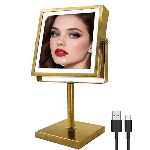 Ruacq Makeup Mirror with Lights 1X/10X Height Adjustable Antique Gold - color: Antique Brass - 10x