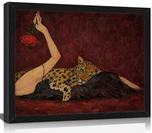Framed Burgundy Leopard Canvas Wall Art,Vintage Cheetah Print Wall Decor | Leopard And Burgundy Pictures Fashion Women Holding A Rose Poster Painting Artwork for Living Room Bedroom Home Decoration - color: leopard print rose, size: 24"L x 16"W