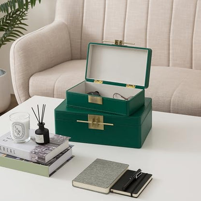 Soul & Lane - Faux Leather Boxes with Lids, Set of 2, Emerald Green