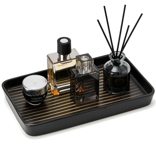 10"×6"×1" Black Bathroom Vanity Tray for Countertop- Ceramic Decorative Organizer Tray for Dresser Tops, Toilet, Perfume, Sponge Holder Soap Dish Dispenser for Kitchen Counter- Golden Stripes - color: Black Color With Golden Stripes-1 Pc