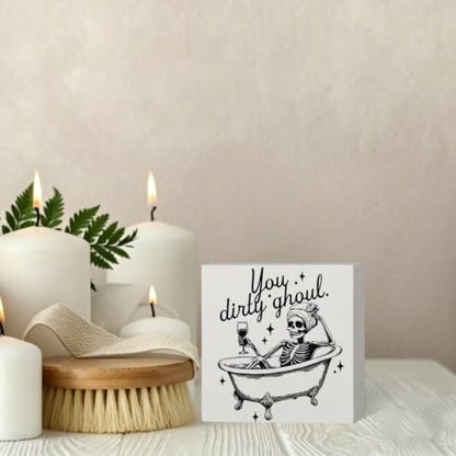 Funny Halloween Skeleton Bathroom Wooden Box Sign Desk Decor - color: Funny Halloween