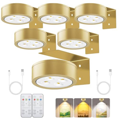 Rechargeable Battery Painting Light Picture Lights with Remote Control, Magnetic LED Art Lights for Framing, Dimmable and Timer-Equipped, 3 Lighting Modes,6Pack Gold - color: Gold, size: 6 Pack