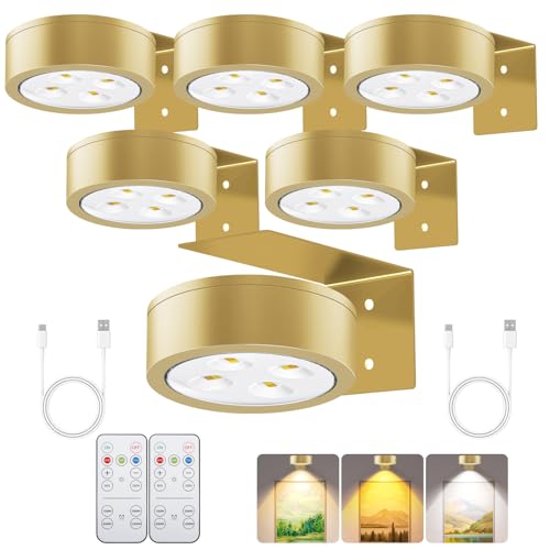 Rechargeable Battery Painting Light Picture Lights with Remote Control, Magnetic LED Art Lights for Framing, Dimmable and Timer-Equipped, 3 Lighting Modes,6Pack Gold - color: Gold, size: 6 Pack