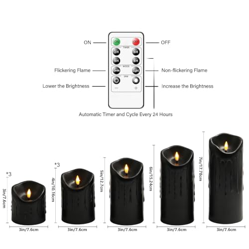 Nimiko Flameless Candles with Remote, Battery Operated Flickering Flameless Candles, LED Candles with Timer 2/4/6/8H, Realistic Drop Wax flameless Candle Set of 9 (D3 x H 3" 4" 5" 6" 7") (Black) - color: Black-dripping wax