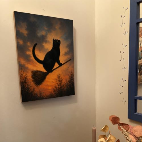 Halloween Wall Art Framed Canvas Print Black Cat Broom Poster - color: O