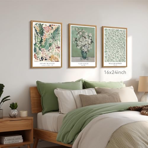 CAZLOUC Matisse Van Gogh William Morris Wall Art Set of 3, Sage Green Bathroom Wall Decor, Vintage Botanical Floral Poster Prints, Impressionism Abstract Artwork for Bedroom Wood Framed 12x16 Inch - color: VanGoghFloral, size: 16"L x 12"W