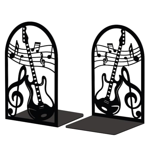 Peacoblue 5.3"x4.3"x7.9" Metal Bookends, Heavy Duty Book Ends for Shelves - style: Guitar and Music Note