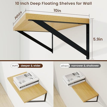Axeman Deep Floating Shelves, 16'' x 10'' Oak Wall Shelves Set of 2 - color: Oak, size: 16W x 10D