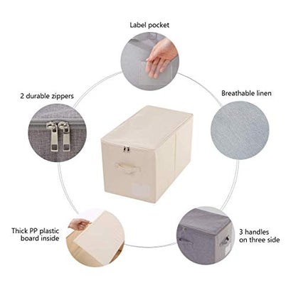 2pcs Zip Lidded Wardrobe Blankets Organizer Storage Bins, Folding & Sturdy - color: Beige