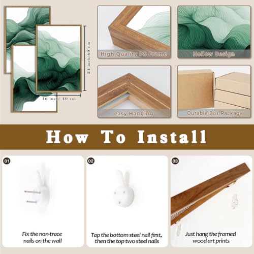 Abstract Emerald Green Waves Framed Canvas Wall Art Set-16"x24"x3 - color: Green Waves Wall Art, size: 16"Lx24"W