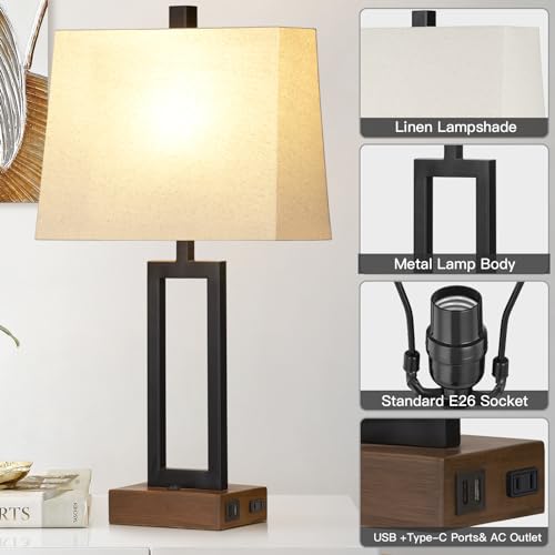 Lolikit Table Lamp for Bedroom Set of 2 with 2 USB Ports and AC Power Outlet, 23.5" Modern Bedside Lamp, Wood Nightstand Lamp with Linen Shade for Living Room Hotel Desk(LED Bulb Included) - color: Beige - 23.5"H